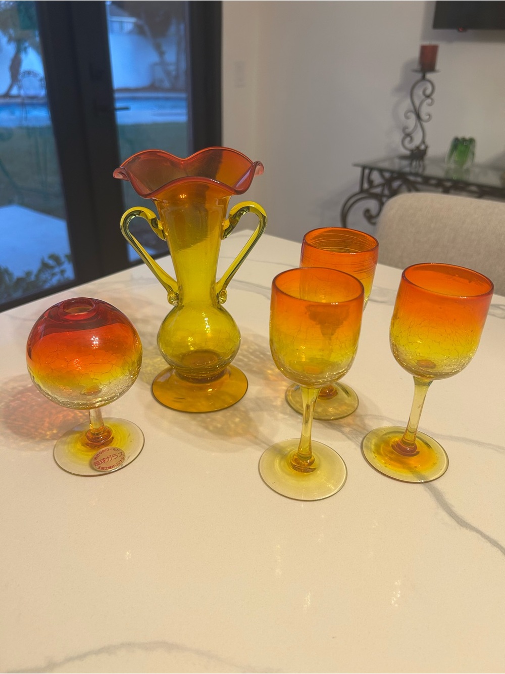 Japan Ryukyu Hand blown Amber-Orange Crackle Glass Gradient Glassware Set of 5